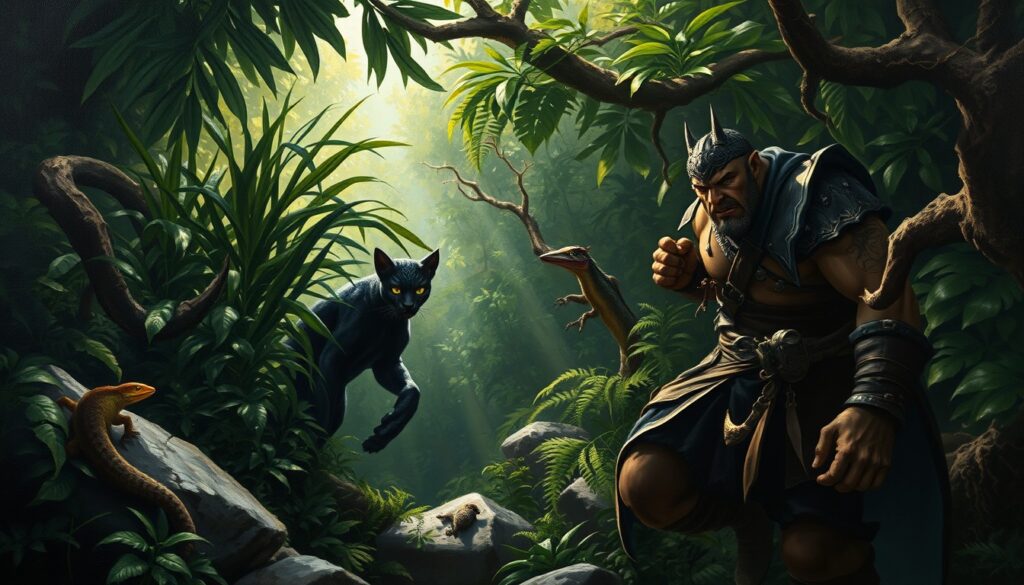 The shadowy jungle of Stranglethorn Vale. Aritzaga, in her night elf panther form—a small, agile night sabercat with dark, mottled fur—stalks an oblivious orc rogue through dense underbrush