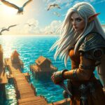 Aritzaga, a tall night elf druid with flowing silver hair and glowing ethereal eyes, stands at the edge of the bustling dock in Booty Bay