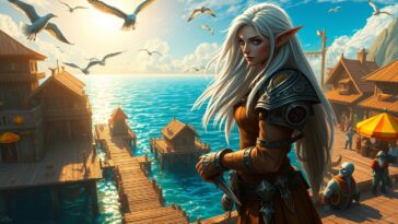 Aritzaga, a tall night elf druid with flowing silver hair and glowing ethereal eyes, stands at the edge of the bustling dock in Booty Bay