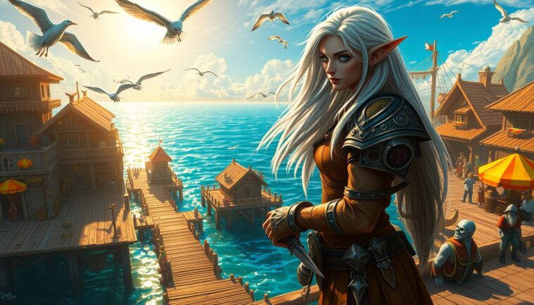 Aritzaga, a tall night elf druid with flowing silver hair and glowing ethereal eyes, stands at the edge of the bustling dock in Booty Bay