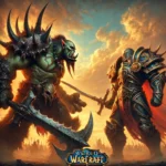 A dramatic standoff between a powerful orc warrior and a human knight reminiscent of classic World of Warcraft style. The orc in dark spiked armor