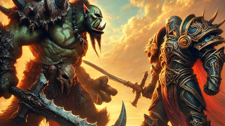 A dramatic standoff between a powerful orc warrior and a human knight reminiscent of classic World of Warcraft style. The orc in dark spiked armor