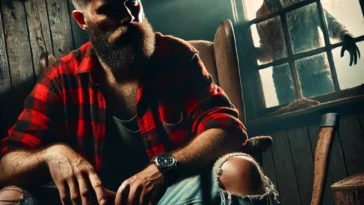 A rugged, sarcastic lumberjack named Joe sits in a dimly lit, run-down house, slumped in a rickety wooden chair.