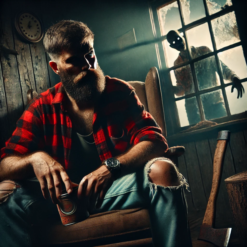 A rugged, sarcastic lumberjack named Joe sits in a dimly lit, run-down house, slumped in a rickety wooden chair.