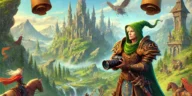 a vibrant, fantasy-themed image capturing the essence of a screenshot contest in a classic mmorpg world. show an adventurer character in medieval armo