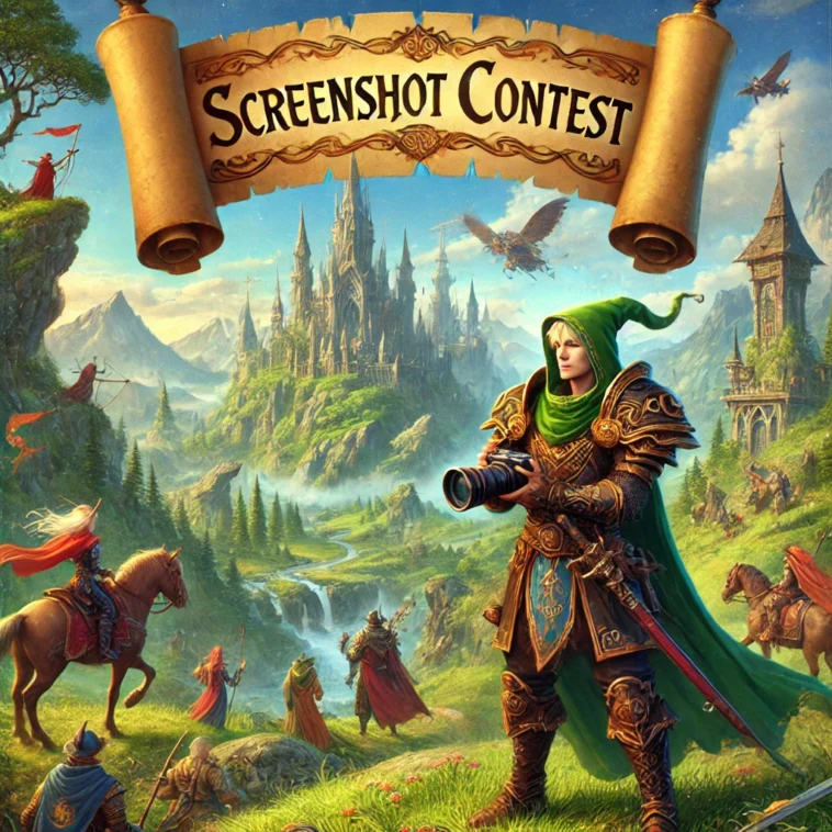 a vibrant, fantasy-themed image capturing the essence of a screenshot contest in a classic mmorpg world. show an adventurer character in medieval armo