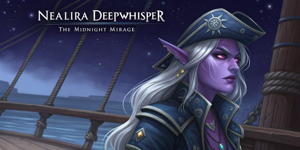 Portrait of a Night Elf Pirate Captain, Nealira Deepwhisper, set aboard her ship, The Midnight Mirage, under a dramatic, starlit night sky. She has striking purple skin and long, flowing silver hair, wearing a detailed midnight-blue cloak with pirate accents like silver adornments and mystical charms. Her piercing violet eyes convey a mix of wisdom and intensity. Behind her, the ship’s wooden deck is visible, faintly illuminated by moonlight. The background shows a vast, silvery ocean with swirling mist, adding an air of mystery and adventure.