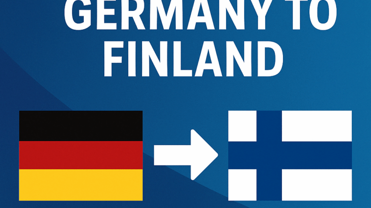 A digital announcement graphic showing a server relocation from Germany to Finland, featuring stylized country flags, a network cable, and icons representing improved speed and stability.