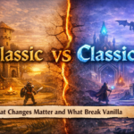 Split fantasy landscape showing classic old-world village versus modern magical realm to illustrate Classic vs Classic+ design differences in MMO gameplay