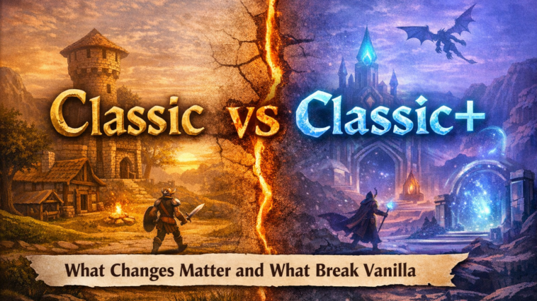 Split fantasy landscape showing classic old-world village versus modern magical realm to illustrate Classic vs Classic+ design differences in MMO gameplay