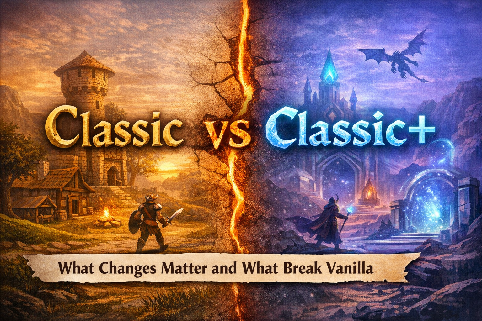Split fantasy landscape showing classic old-world village versus modern magical realm to illustrate Classic vs Classic+ design differences in MMO gameplay