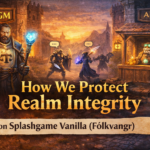 Fantasy scene showing a guarded realm with marketplace and game master figure symbolizing fair play, stable economy, and server integrity in a vanilla-style MMORPG