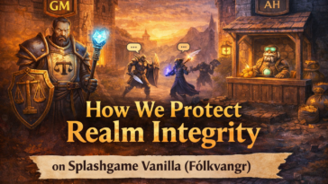 Fantasy scene showing a guarded realm with marketplace and game master figure symbolizing fair play, stable economy, and server integrity in a vanilla-style MMORPG