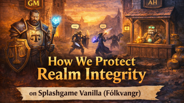 Fantasy scene showing a guarded realm with marketplace and game master figure symbolizing fair play, stable economy, and server integrity in a vanilla-style MMORPG