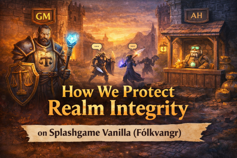 Fantasy scene showing a guarded realm with marketplace and game master figure symbolizing fair play, stable economy, and server integrity in a vanilla-style MMORPG