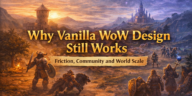 Fantasy medieval world with adventurers traveling and grouping across a large landscape, symbolizing friction, community and world scale in a vanilla-style MMO