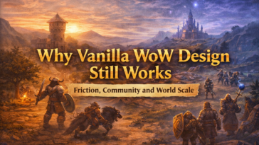 Fantasy medieval world with adventurers traveling and grouping across a large landscape, symbolizing friction, community and world scale in a vanilla-style MMO