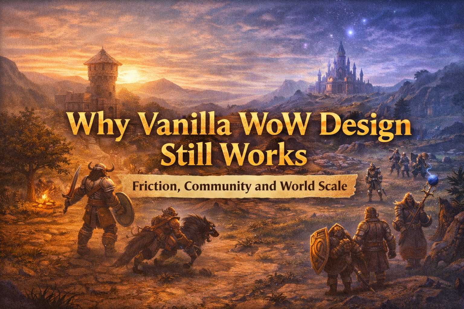 Fantasy medieval world with adventurers traveling and grouping across a large landscape, symbolizing friction, community and world scale in a vanilla-style MMO