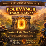 Vanilla Splashgame Community WoW realm Fólkvangr launch banner with fantasy portal and heroes, announcing the server is live at vanilla.splashgame.org