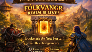 Vanilla Splashgame Community WoW realm Fólkvangr launch banner with fantasy portal and heroes, announcing the server is live at vanilla.splashgame.org