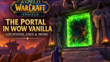 The Dark Portal in WoW Vanilla with a player standing before the glowing green portal