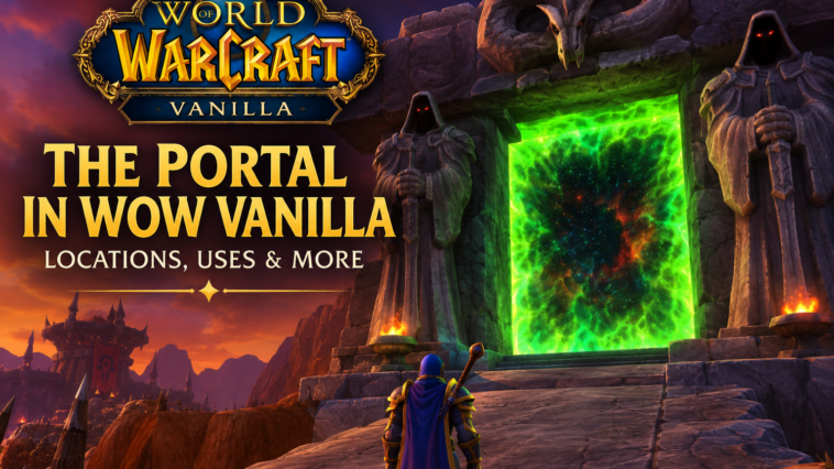 The Dark Portal in WoW Vanilla with a player standing before the glowing green portal