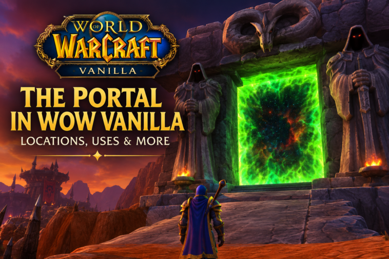 The Dark Portal in WoW Vanilla with a player standing before the glowing green portal