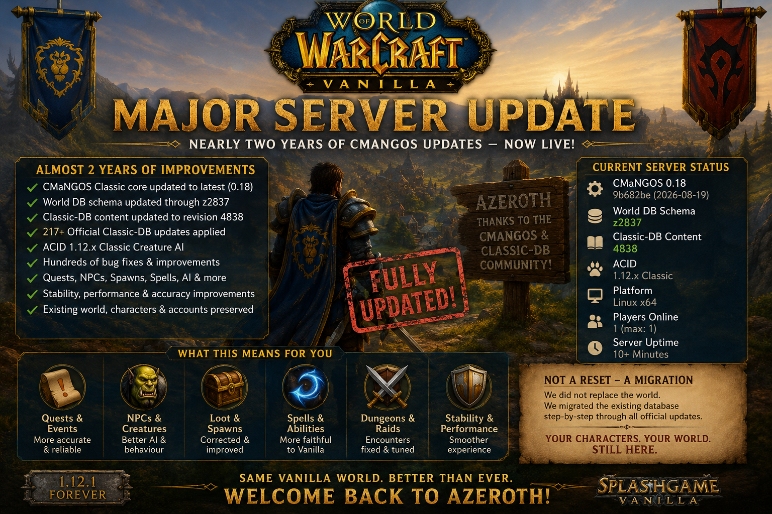 WoW Vanilla CMaNGOS Classic server update with nearly two years of bug fixes, database updates and gameplay improvements